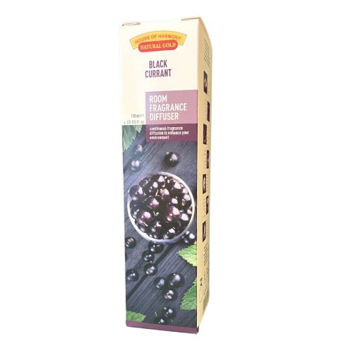 BLACK CURRANT (FEKETE RIBIZLI) ILLATOSÍTÓ DESIGNER DÍSZÜVEGGEL ÉS DEKORATÍV BAMBUSZPÁLCIKÁKKAL 120 ML