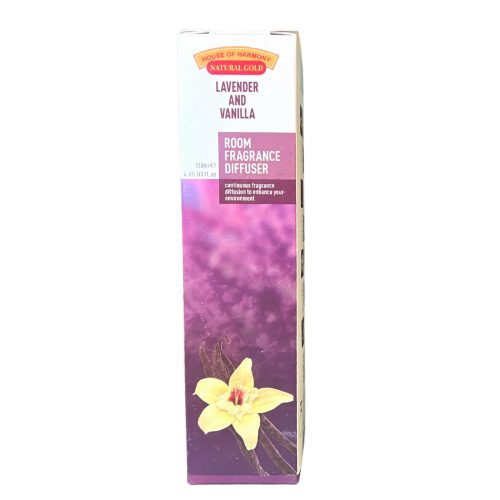 LAVENDER AND VANILLA (LEVENDULA ÉS VANÍLIA) ILLATOSÍTÓ DESIGNER DÍSZÜVEGGEL ÉS DEKORATÍV BAMBUSZPÁLCIKÁKKAL 120 ML